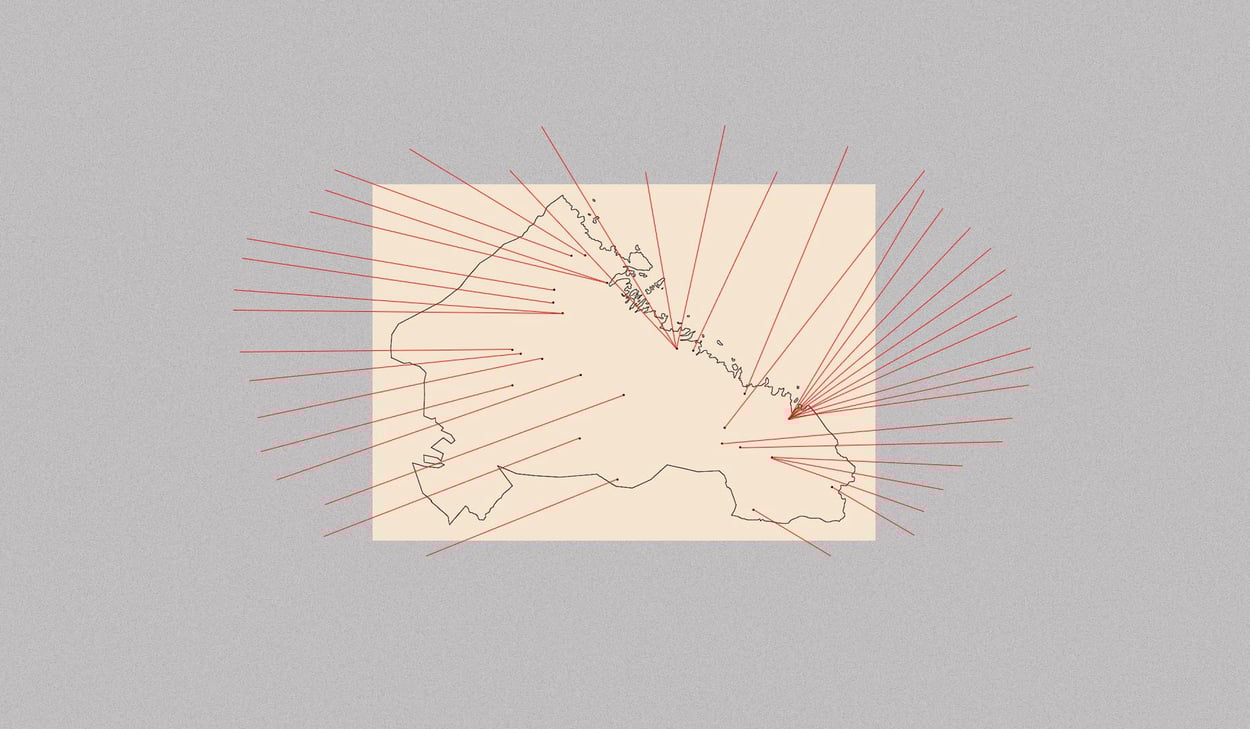 Illustration Gävleborgs län liggande med röda streck för överallt där det finns rum för konst.