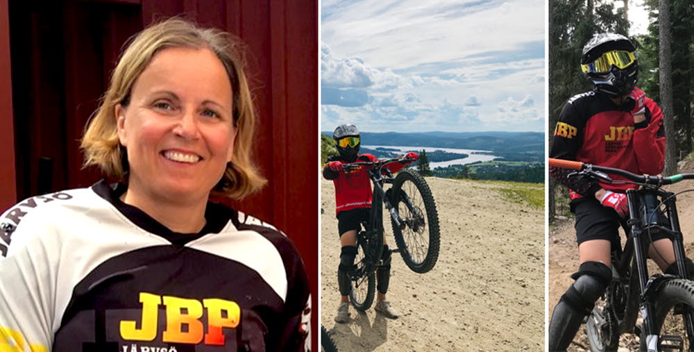 Ett collage med tre bilder: till vänster en kvinna som ler och bär en JBP-tröja, i mitten en cyklist som gör en wheelie på en grusväg med utsikt över landskapet, och till höger en cyklist i skogen med skyddsutrustning och en JBP-tröja.