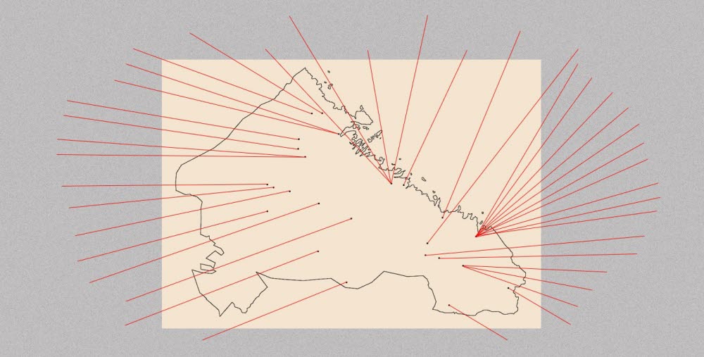 Illustration Gävleborgs län liggande med röda streck för överallt där det finns rum för konst.