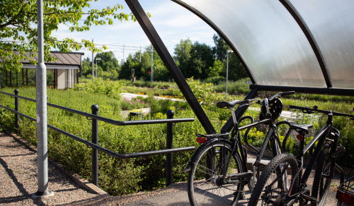 Cyklar som står parkerade vid tågstation