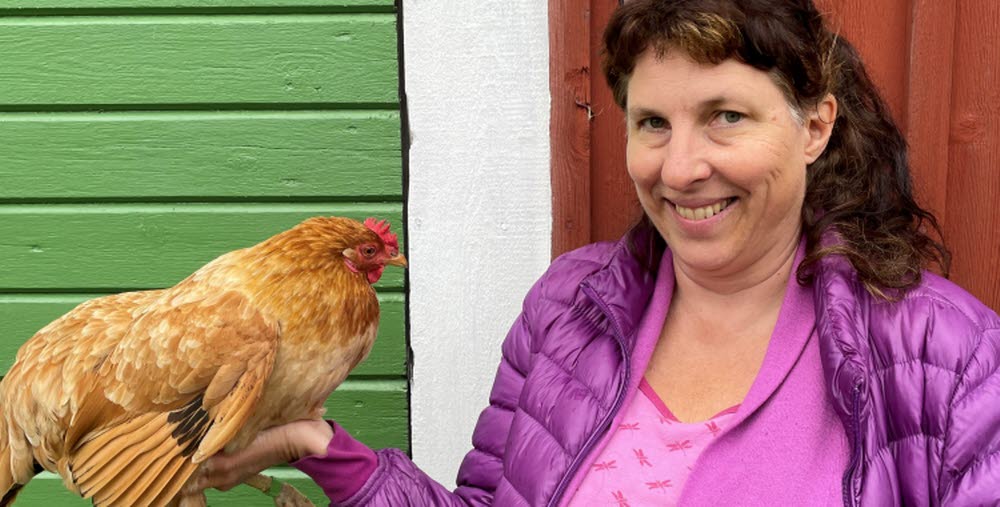 Linn Vadfors, som driver projektet med hönshållning, håller i en höna i sin högra hand.